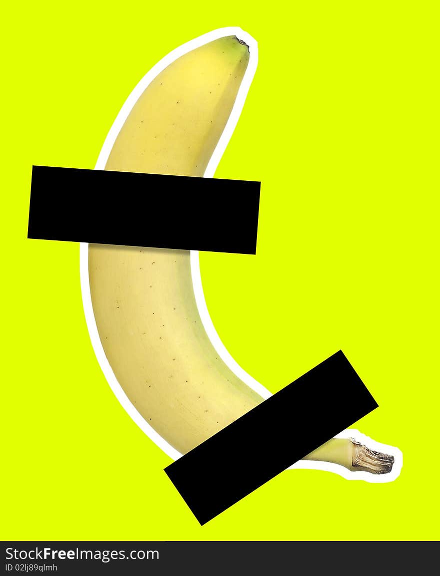 Banana isolated on yellow/fresh green background with white stroke. Censored with black bars.