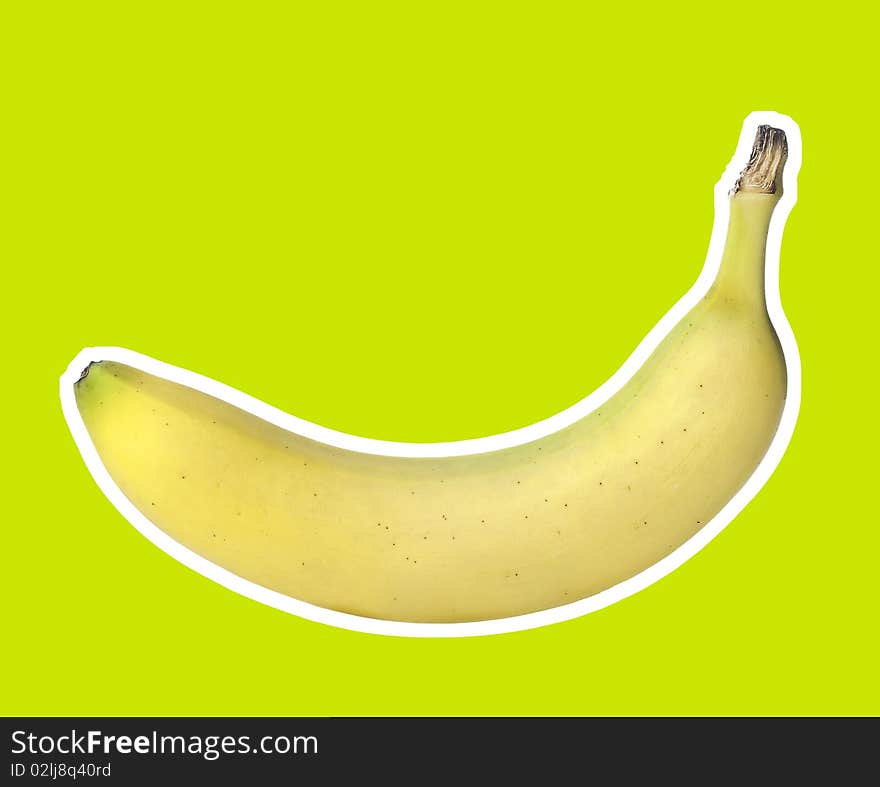 Banana with white stroke isolated on green background.