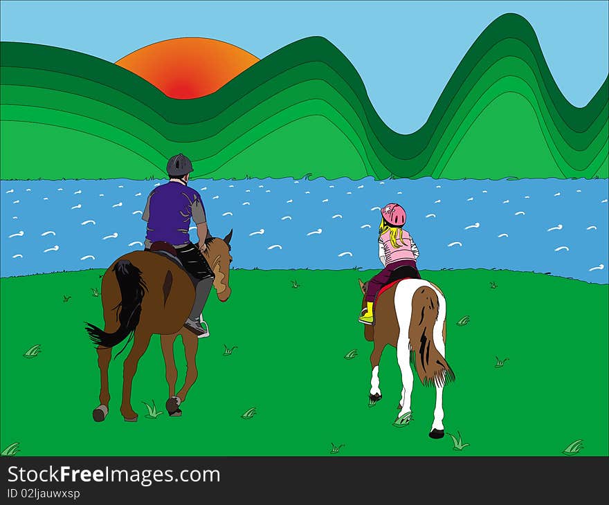 This is an illustration with a father which is learning his daughter to ride a small pony! The .ai file is fully editable, and every subject it is in it`s own layer!. This is an illustration with a father which is learning his daughter to ride a small pony! The .ai file is fully editable, and every subject it is in it`s own layer!