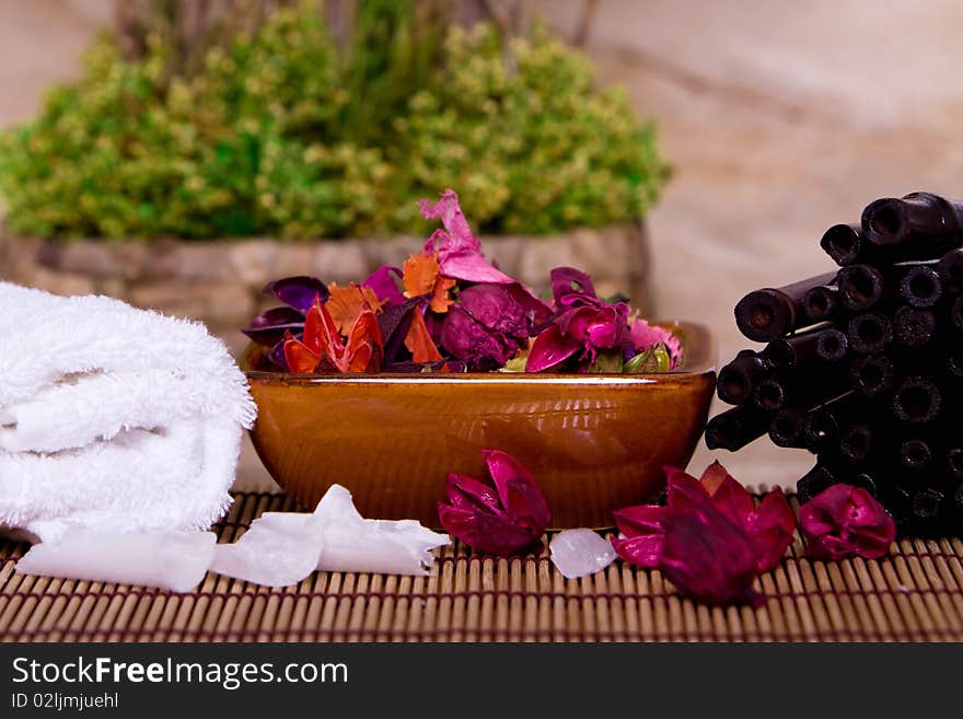 Various spa items on natural background. Various spa items on natural background