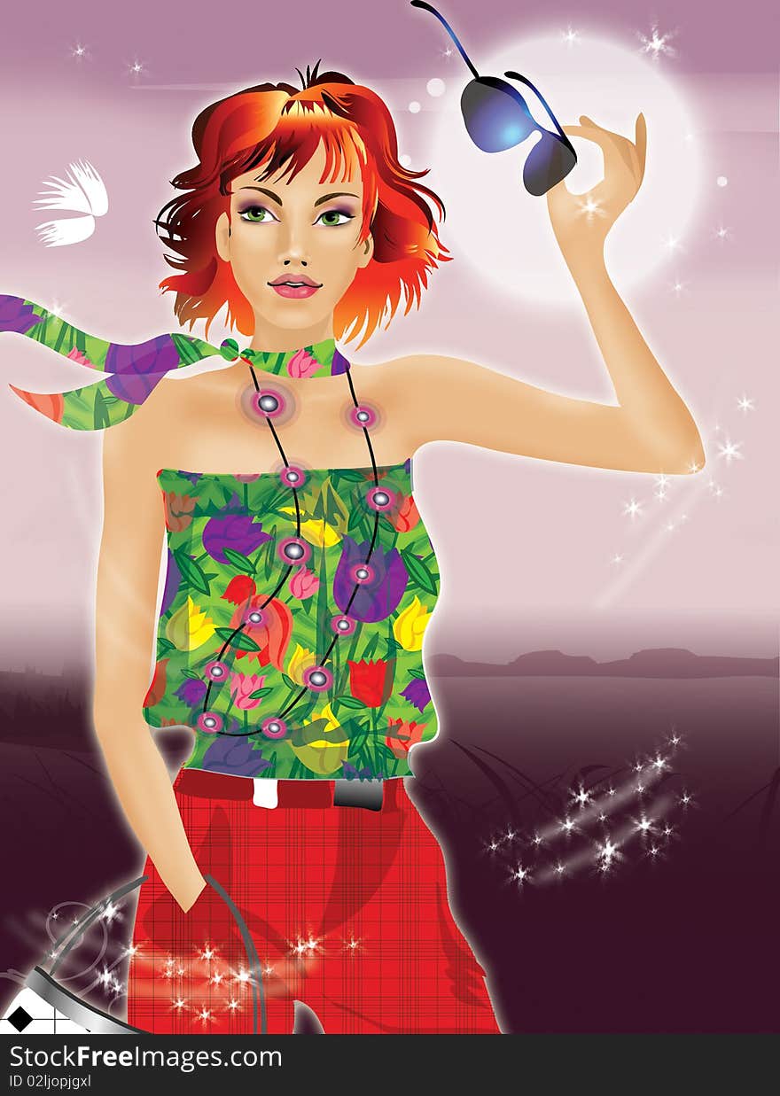 fashion girl with red hair against the evening sunset