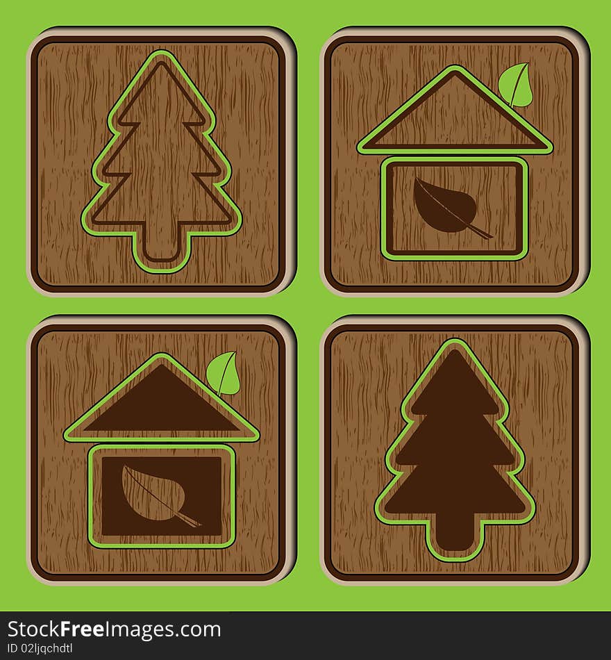 Illustration with the image of wooden buttons with icons on an ecological theme. Illustration with the image of wooden buttons with icons on an ecological theme.