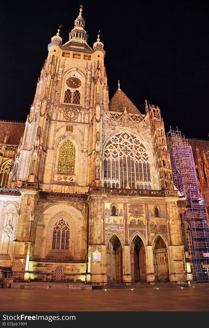 View of the Cathedral St.Vitus by night in old town in Prague. Czech republic.