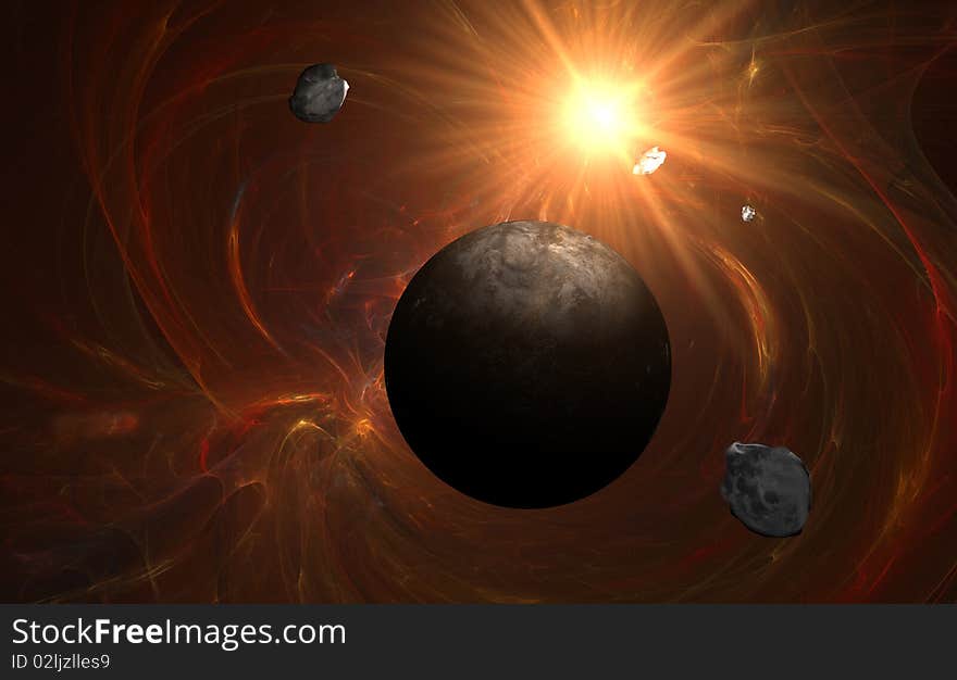 Red sun with death planet with asteroids. Red sun with death planet with asteroids