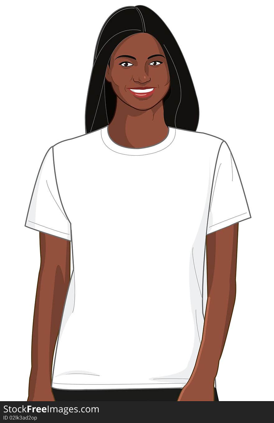 Clean and professional women's t-shirt template optimized for easy placement of logo and/or design in open white space. CLIPPING path included. African-American female model version. Clean and professional women's t-shirt template optimized for easy placement of logo and/or design in open white space. CLIPPING path included. African-American female model version.