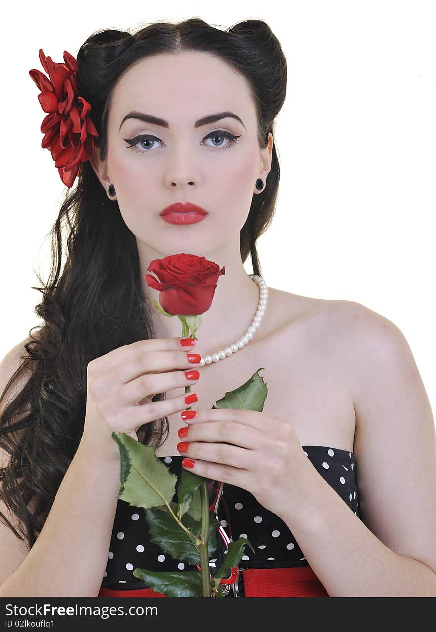 Beautiful young woman with rose flower isolated on white