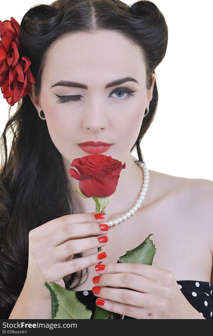 Young woman with rose flower isolated on white