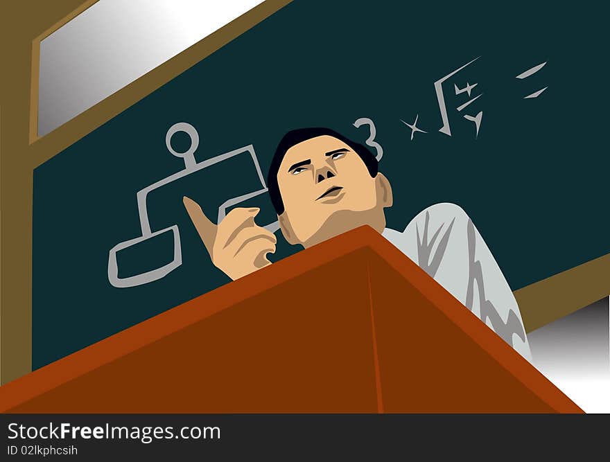 Image of a physicist who is working on his formula on a chalk board. Image of a physicist who is working on his formula on a chalk board.