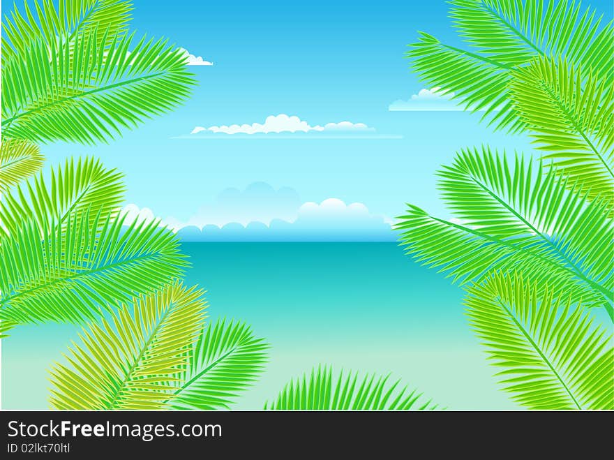 Sea and green palm's leaves