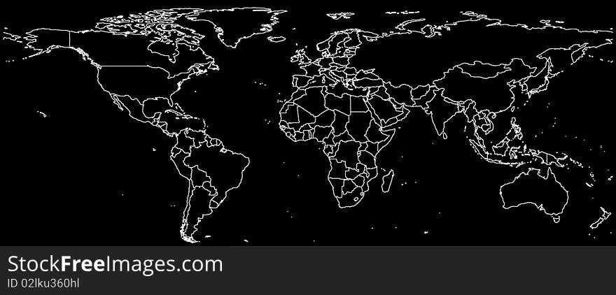 World map of continents on black background