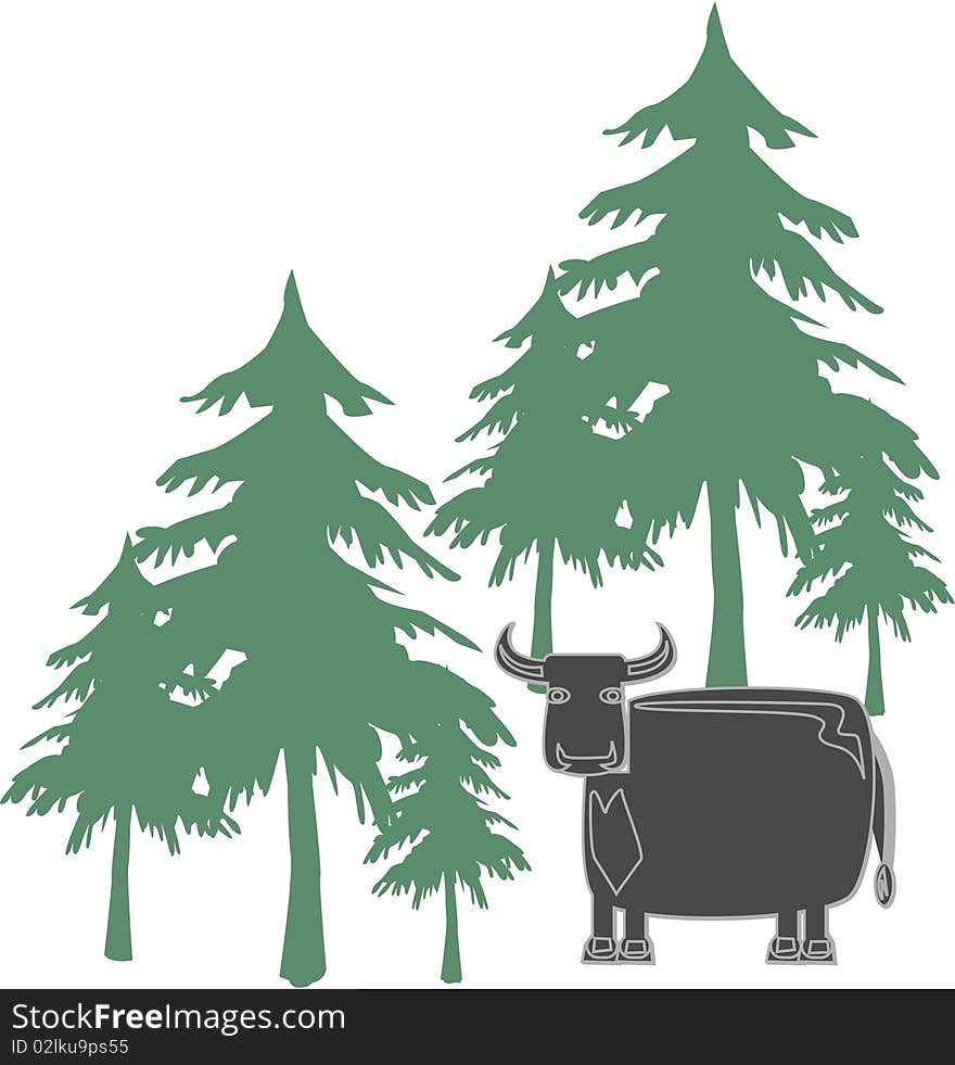 Cow and trees on a white background