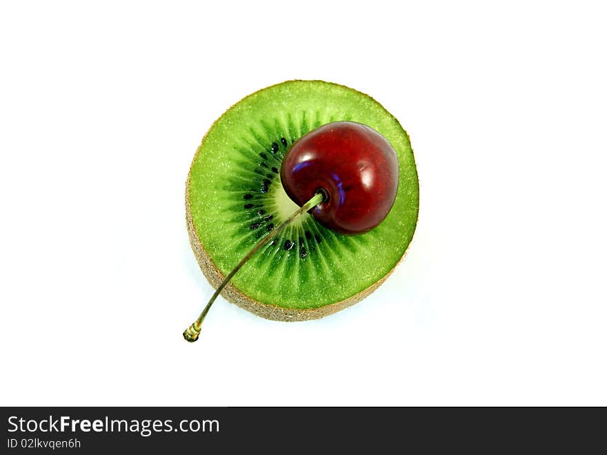 Still-life of kiwi, pear and cherry isolated. Still-life of kiwi, pear and cherry isolated