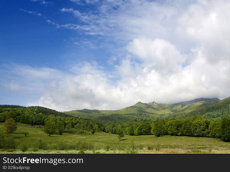 Beautiful green field with blue sky, photo taken in Romania