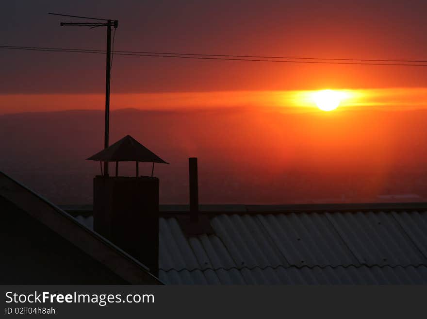 Town sundown on roof of the building