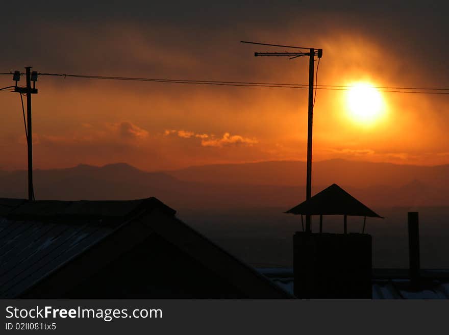 Town sundown on roof of the building