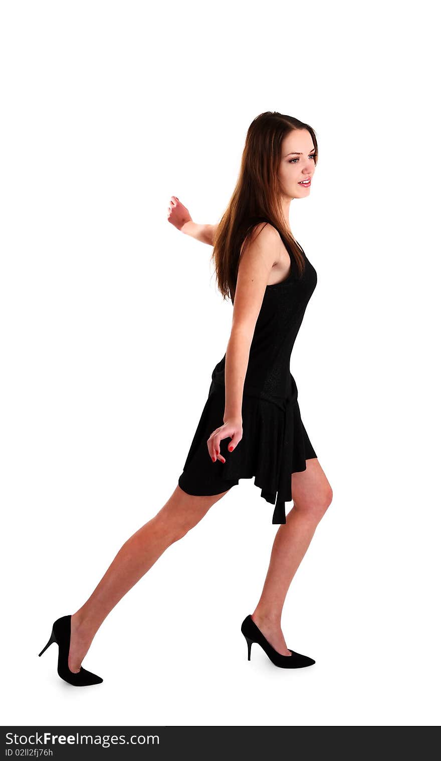 White nice young woman in black dress on a wihite background. White nice young woman in black dress on a wihite background