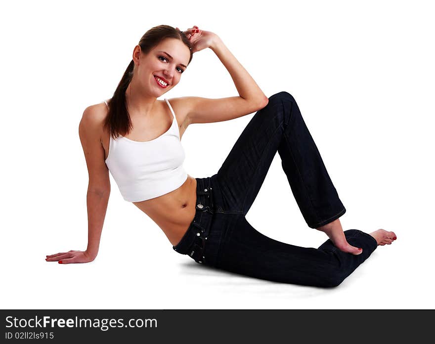 Isolated nice woman on jeans and white tanktop. Isolated nice woman on jeans and white tanktop