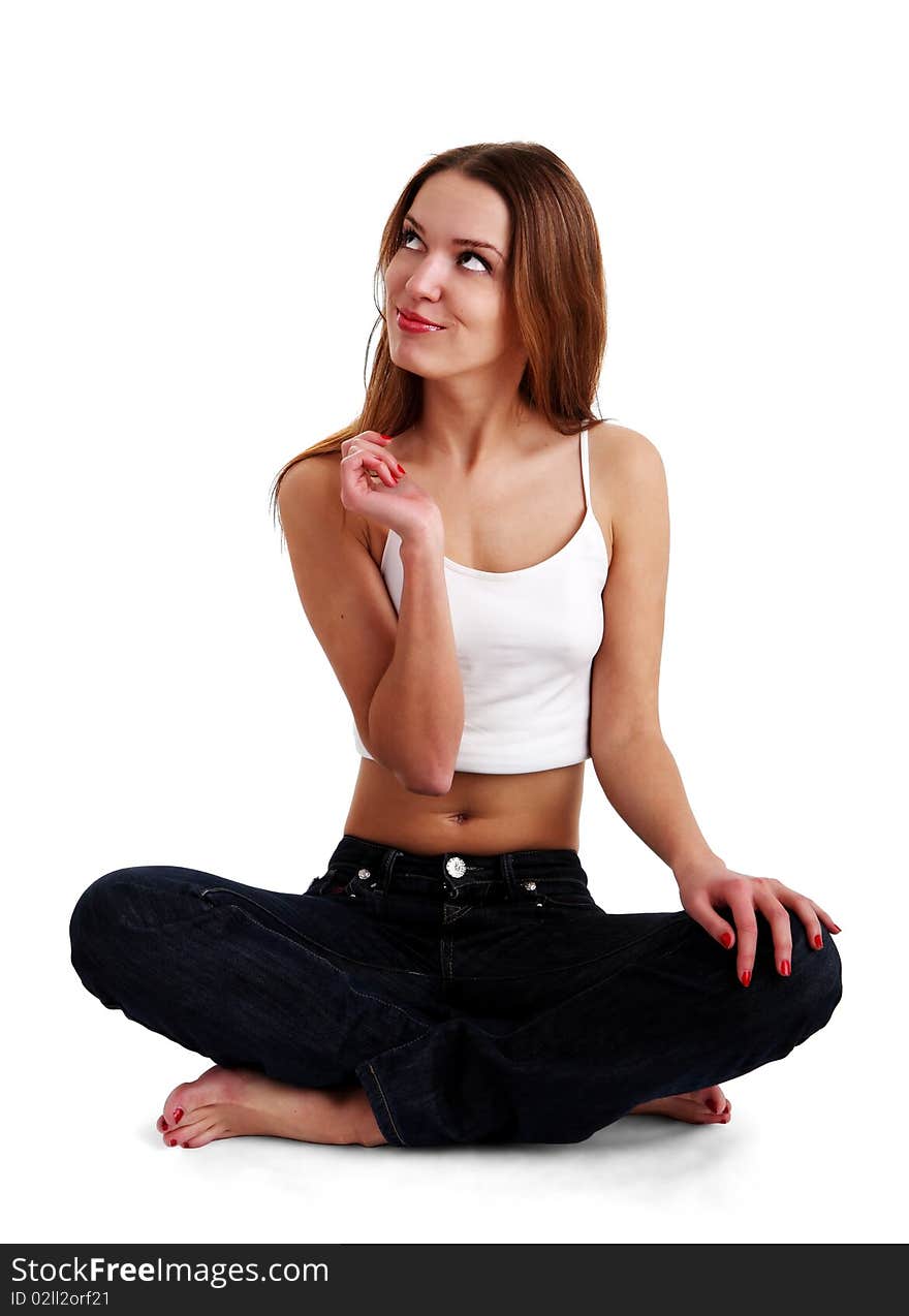 Isolated nice interest woman on jeans and white tanktop. Isolated nice interest woman on jeans and white tanktop