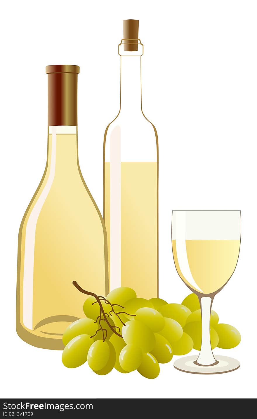 Bottle and glass with white wine and grapes