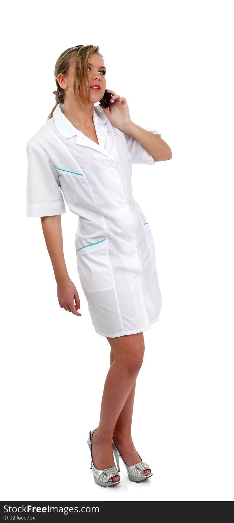 Hospital nice nurse on white smock whith mobile phone