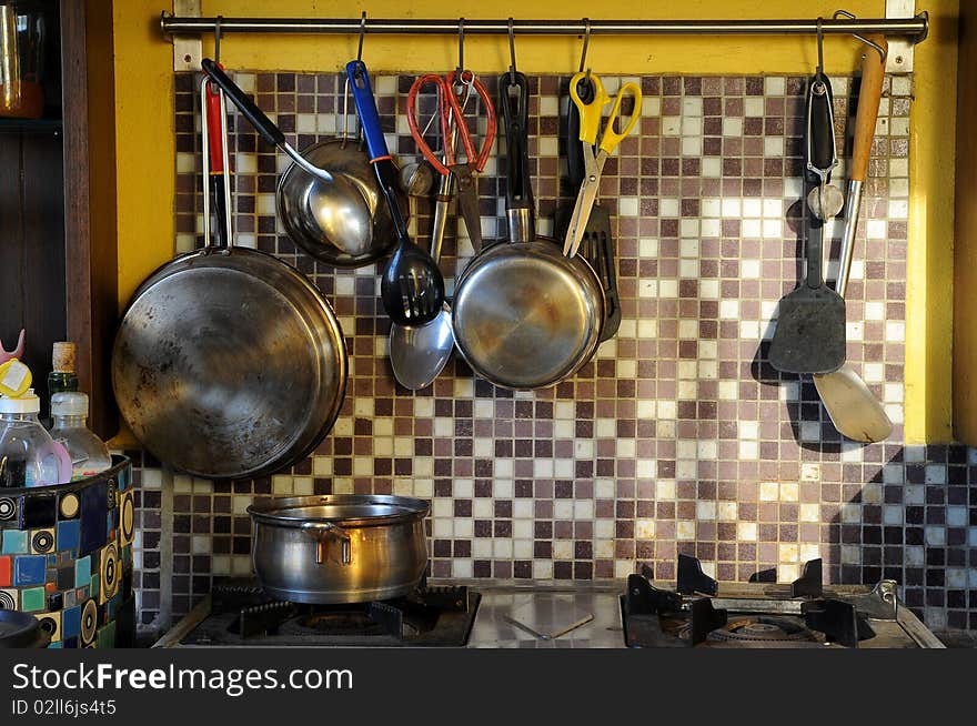 Yellow old kitchen and light