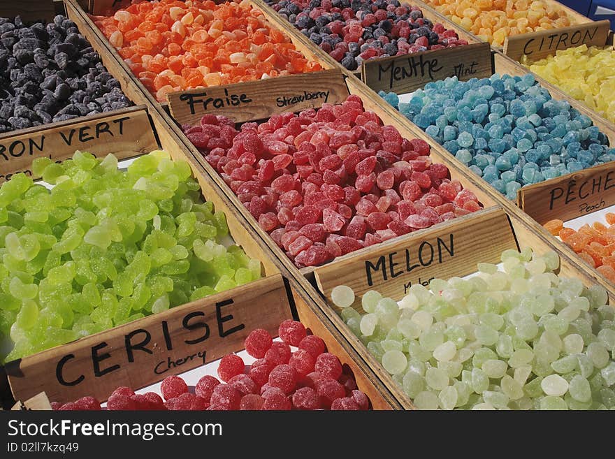 A candy stall, assortment of different sweets.