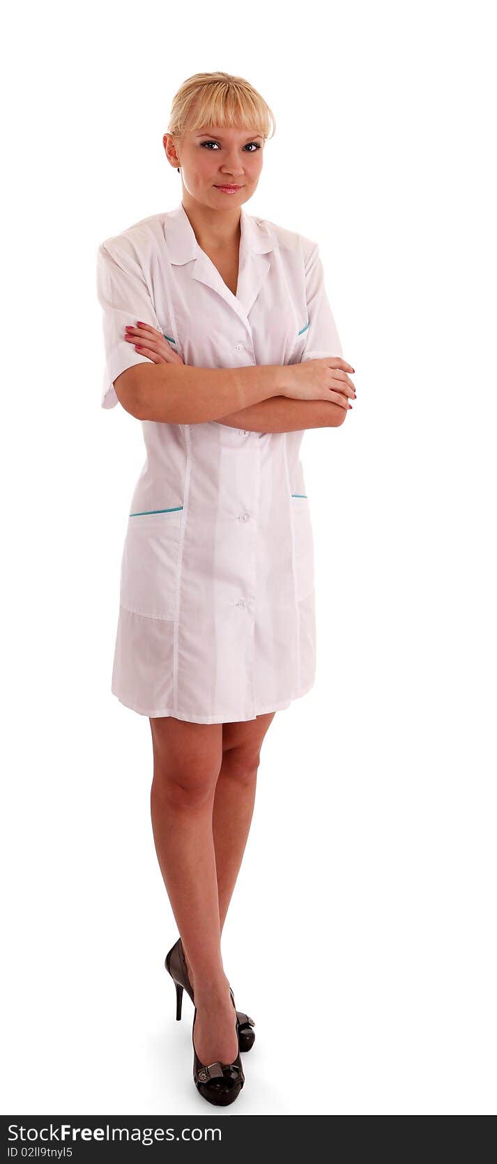 Hospital blond nurse on a white background