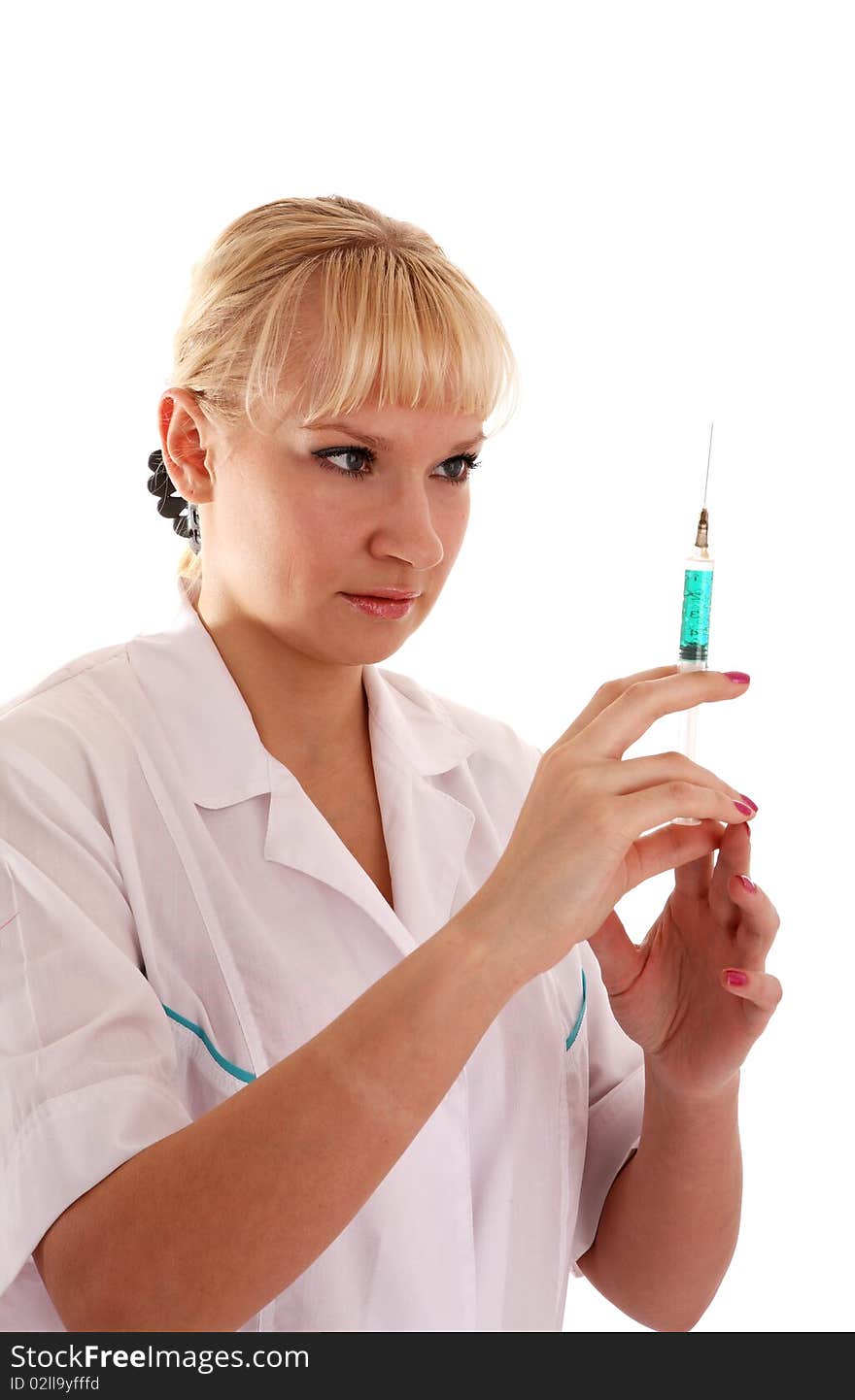 Hospital blond nurse with syringe and medication. Hospital blond nurse with syringe and medication