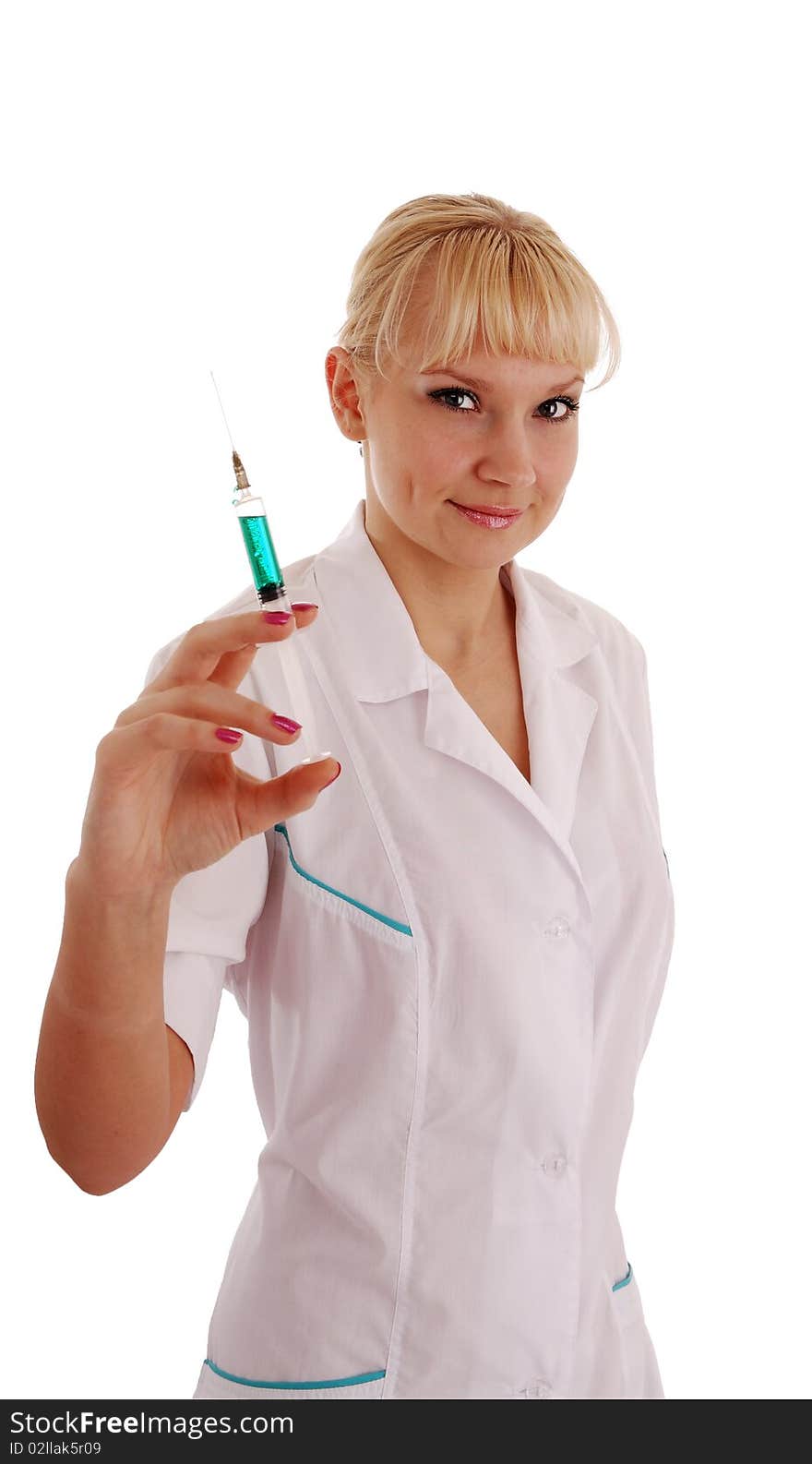 Hospital blond nurse with syringe and medication. Hospital blond nurse with syringe and medication