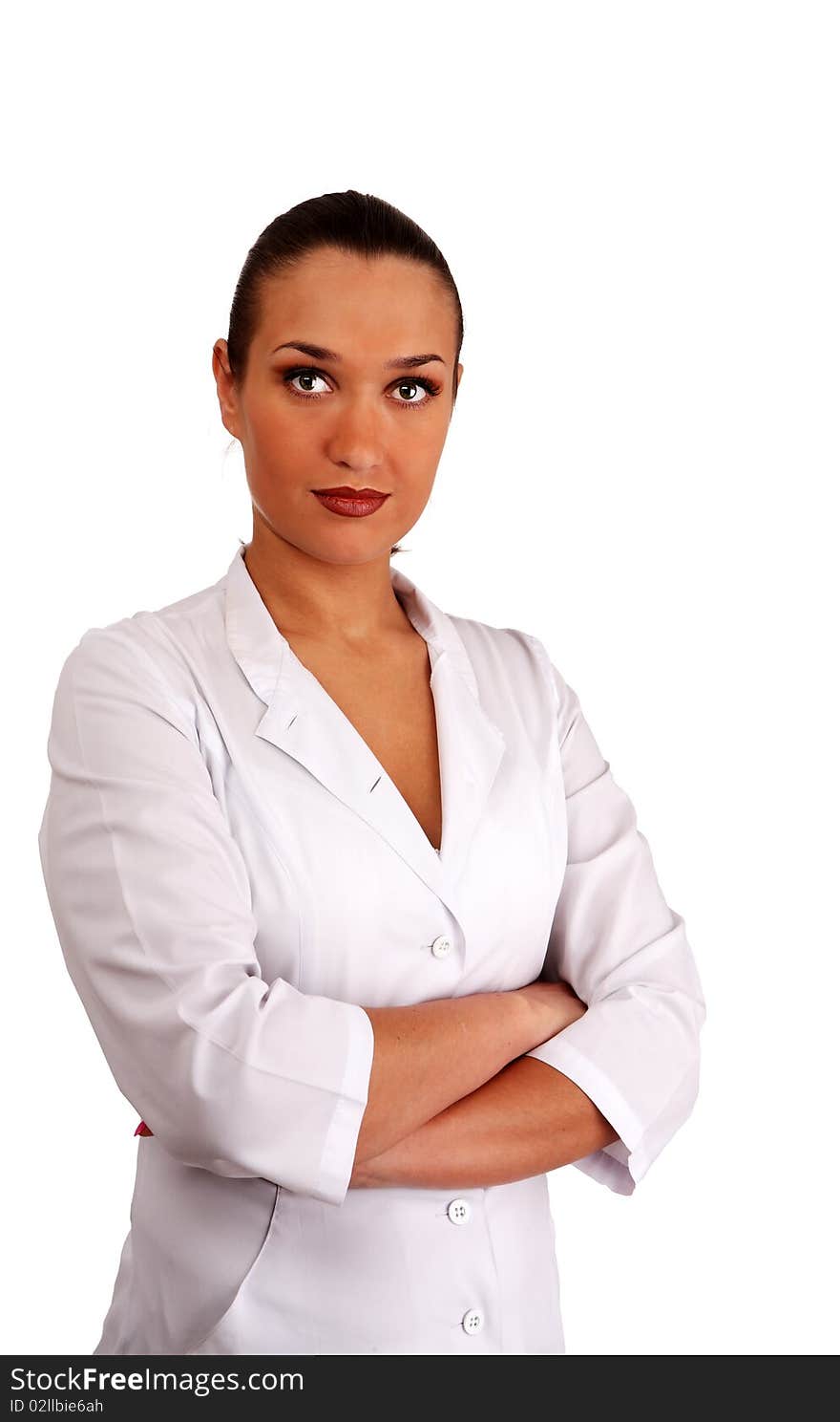 Woman therapeutics doctor with stethoscope on white background