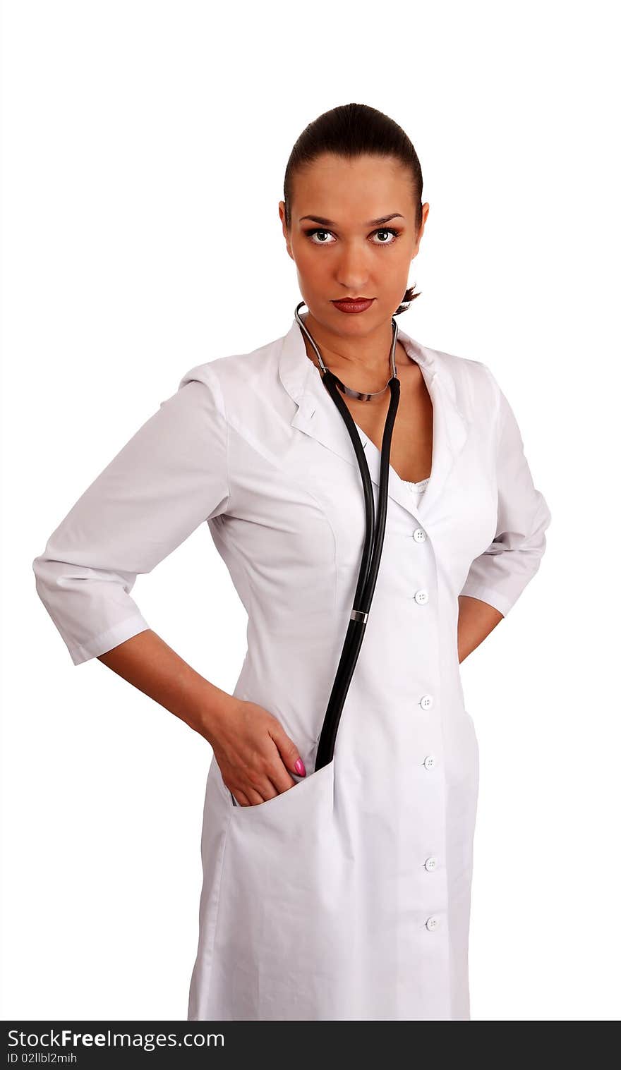 Woman therapeutics doctor with stethoscope on white background