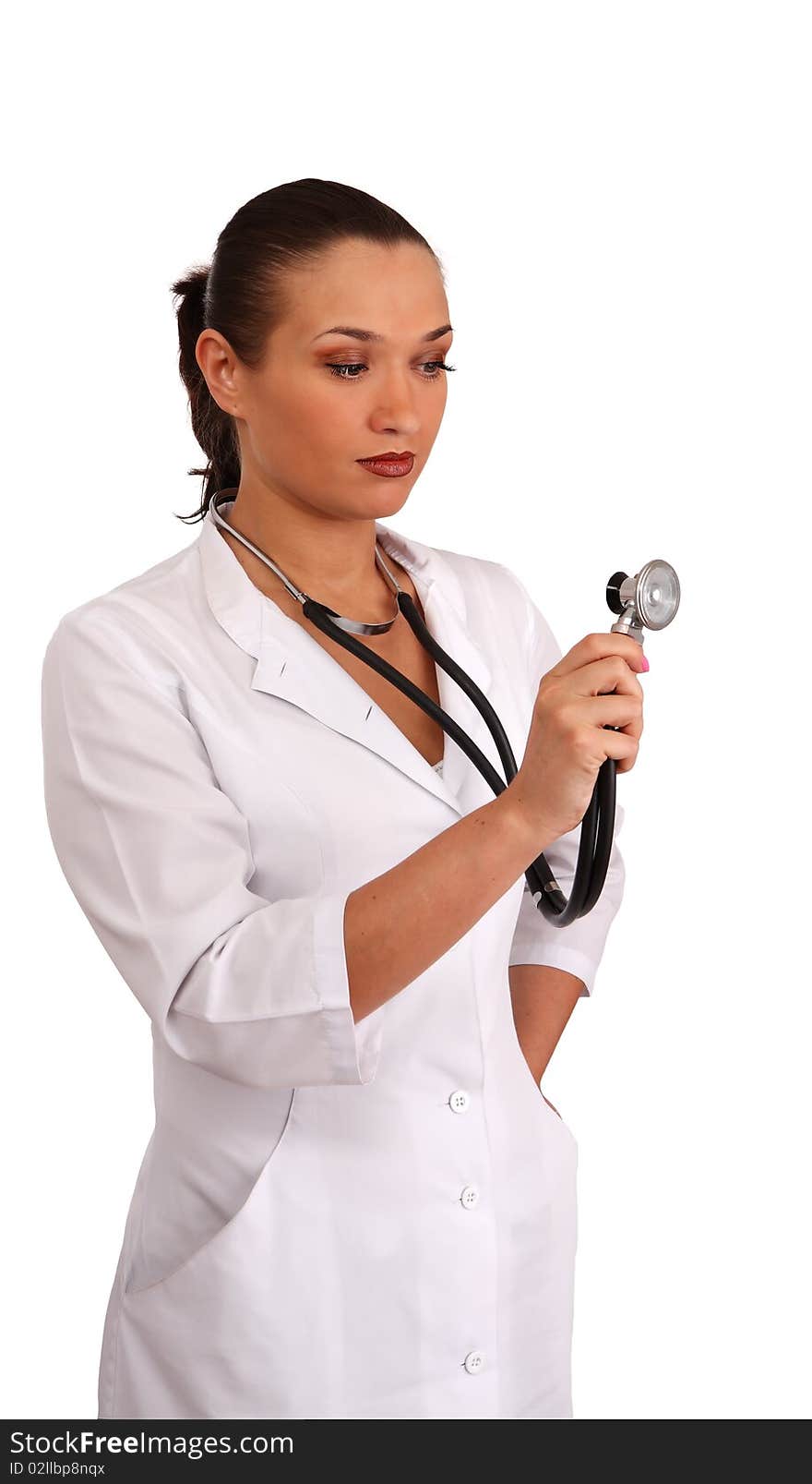 Woman therapeutics doctor with stethoscope on white background