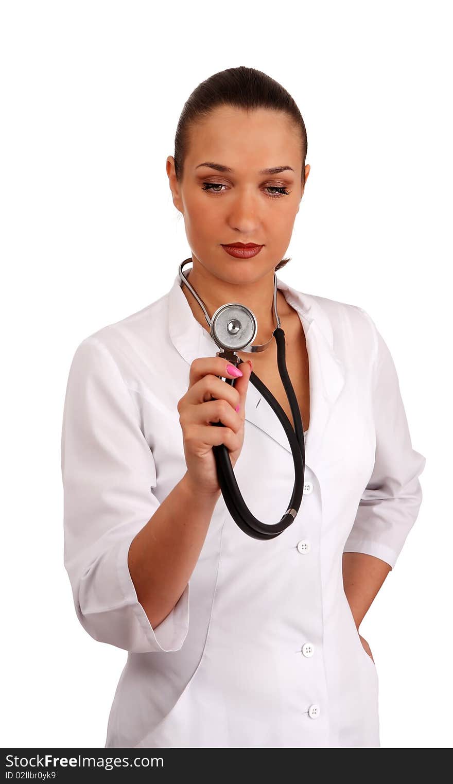 Woman therapeutics doctor with stethoscope on white background