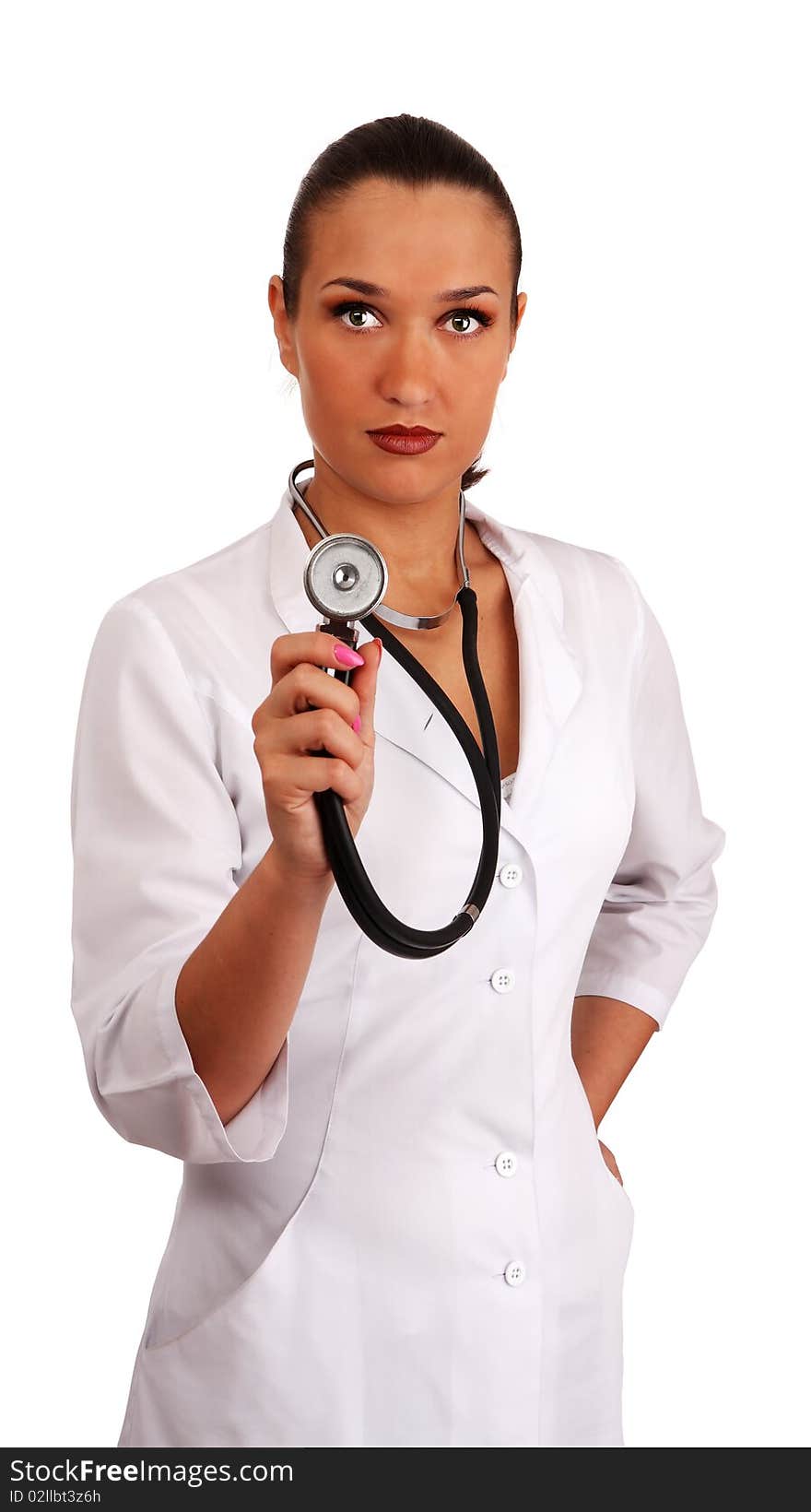 Woman therapeutics doctor with stethoscope on white background