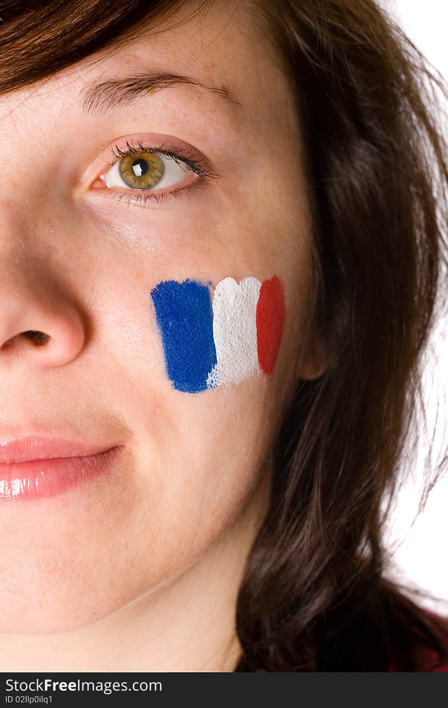 Female half face portrait, french flag on her cheek. Female half face portrait, french flag on her cheek