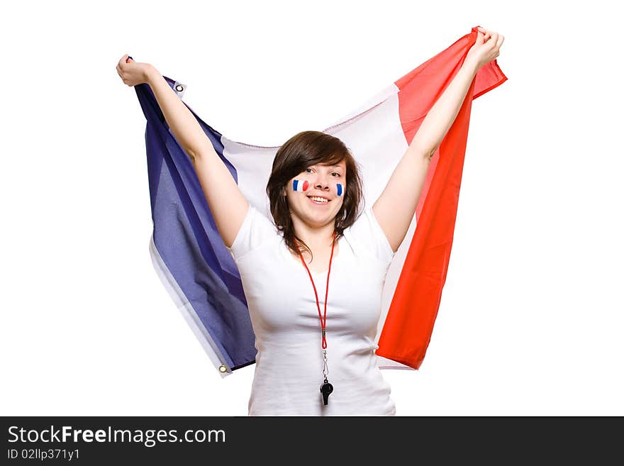 Happy female, french team supporter, studio shoot isolated on white background. Happy female, french team supporter, studio shoot isolated on white background