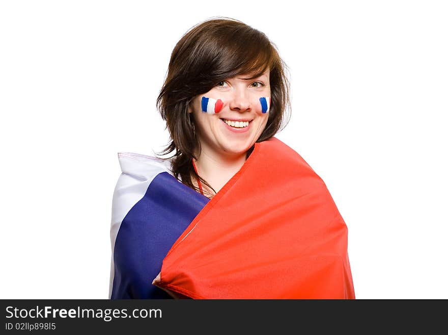 Female wrapped in french flag, also flags on her cheeks, studio shoot isolated on white background. Female wrapped in french flag, also flags on her cheeks, studio shoot isolated on white background