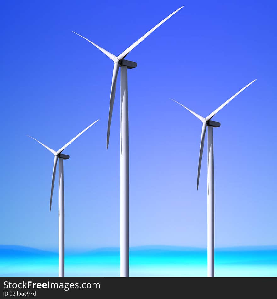 Three white wind turbine generating electricity on blue sky. Three white wind turbine generating electricity on blue sky