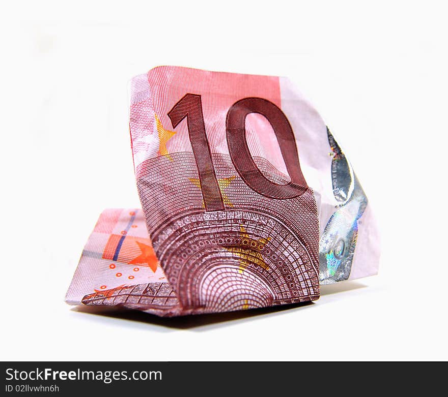 Wrinkled 10 Euro banknote on white background. Wrinkled 10 Euro banknote on white background