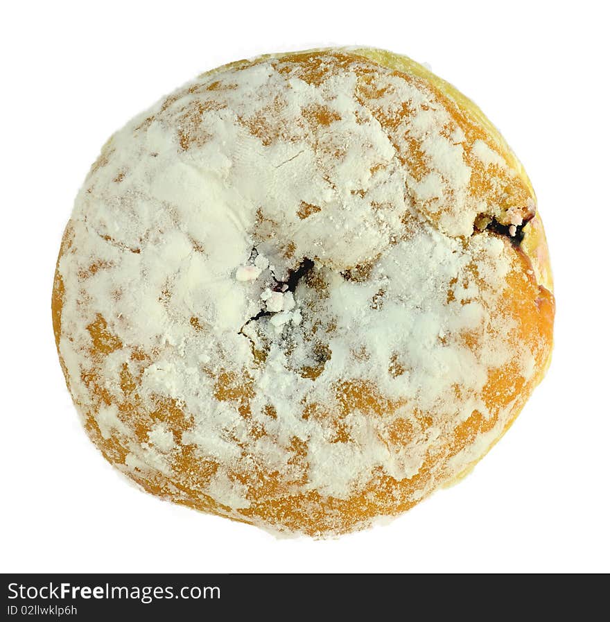 Donut with icing sugar and chocolate isolated on white background