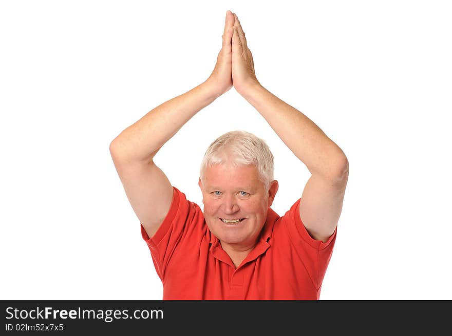 Senior retired older man stretching on white background. Senior retired older man stretching on white background