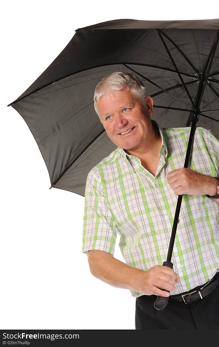 Happy casual mature man on white background, with umbrella. Happy casual mature man on white background, with umbrella