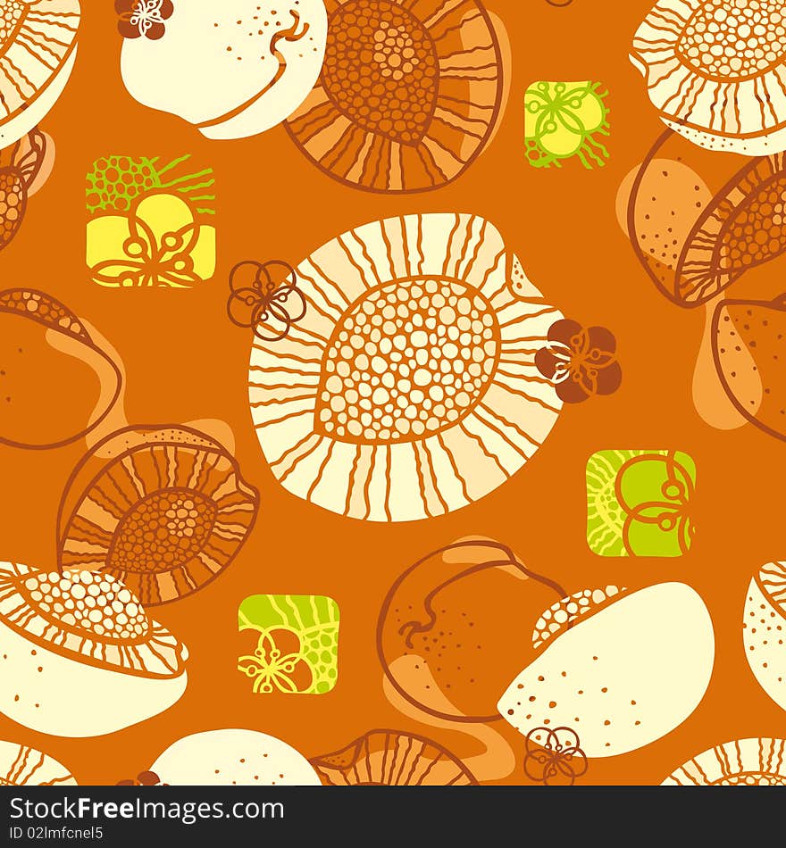 Peaches and apricots seamless pattern on the orange background. Peaches and apricots seamless pattern on the orange background