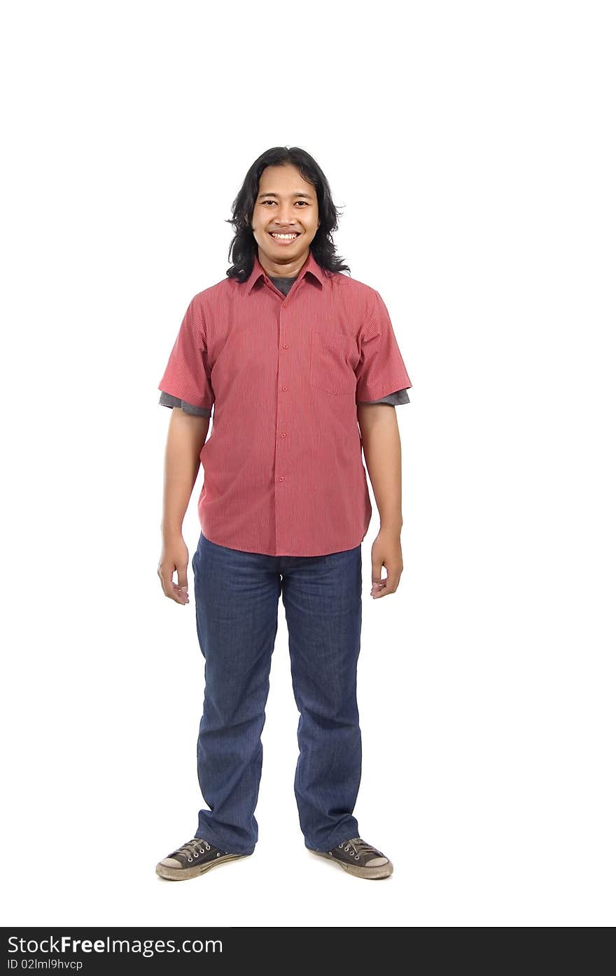 Full body shot of a long hair asian man wearing red shirt isolated on white background. Full body shot of a long hair asian man wearing red shirt isolated on white background