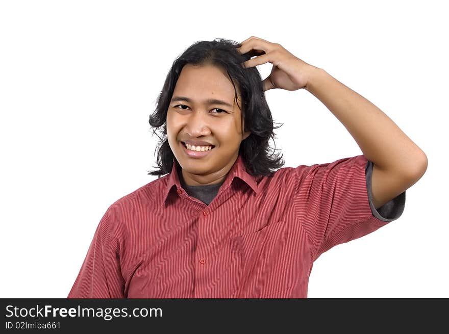 Long hair man scratch his head isolated on white background