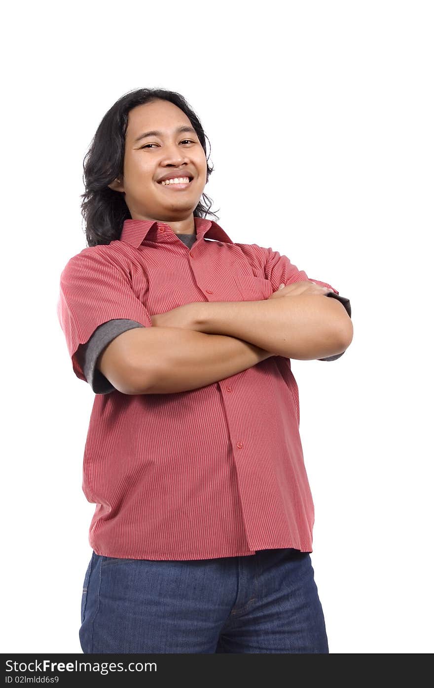 Asian man with long hair and red shirt feel confident isolated on white background. Asian man with long hair and red shirt feel confident isolated on white background