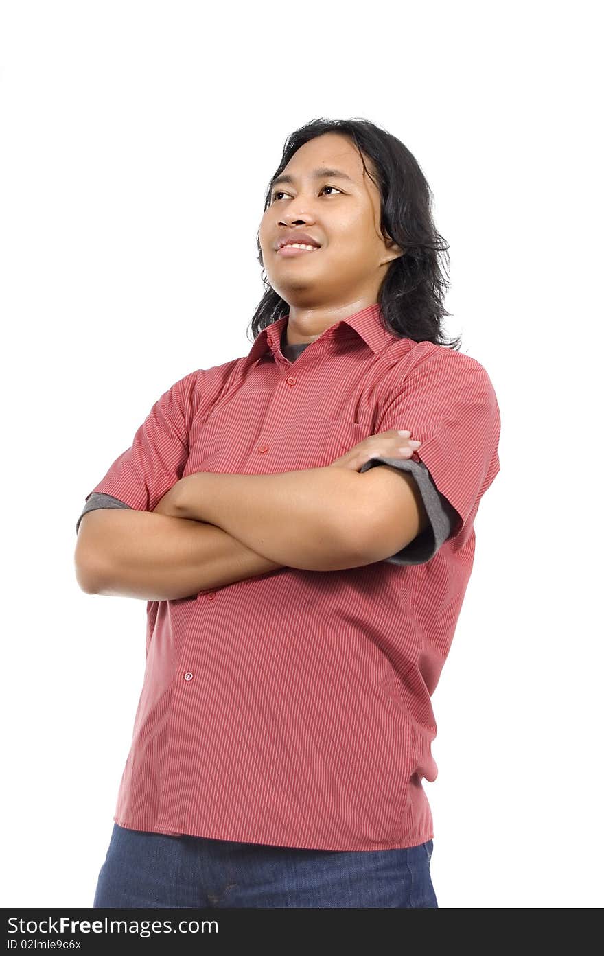 Asian man with long hair and red shirt feel confident isolated on white background. Asian man with long hair and red shirt feel confident isolated on white background