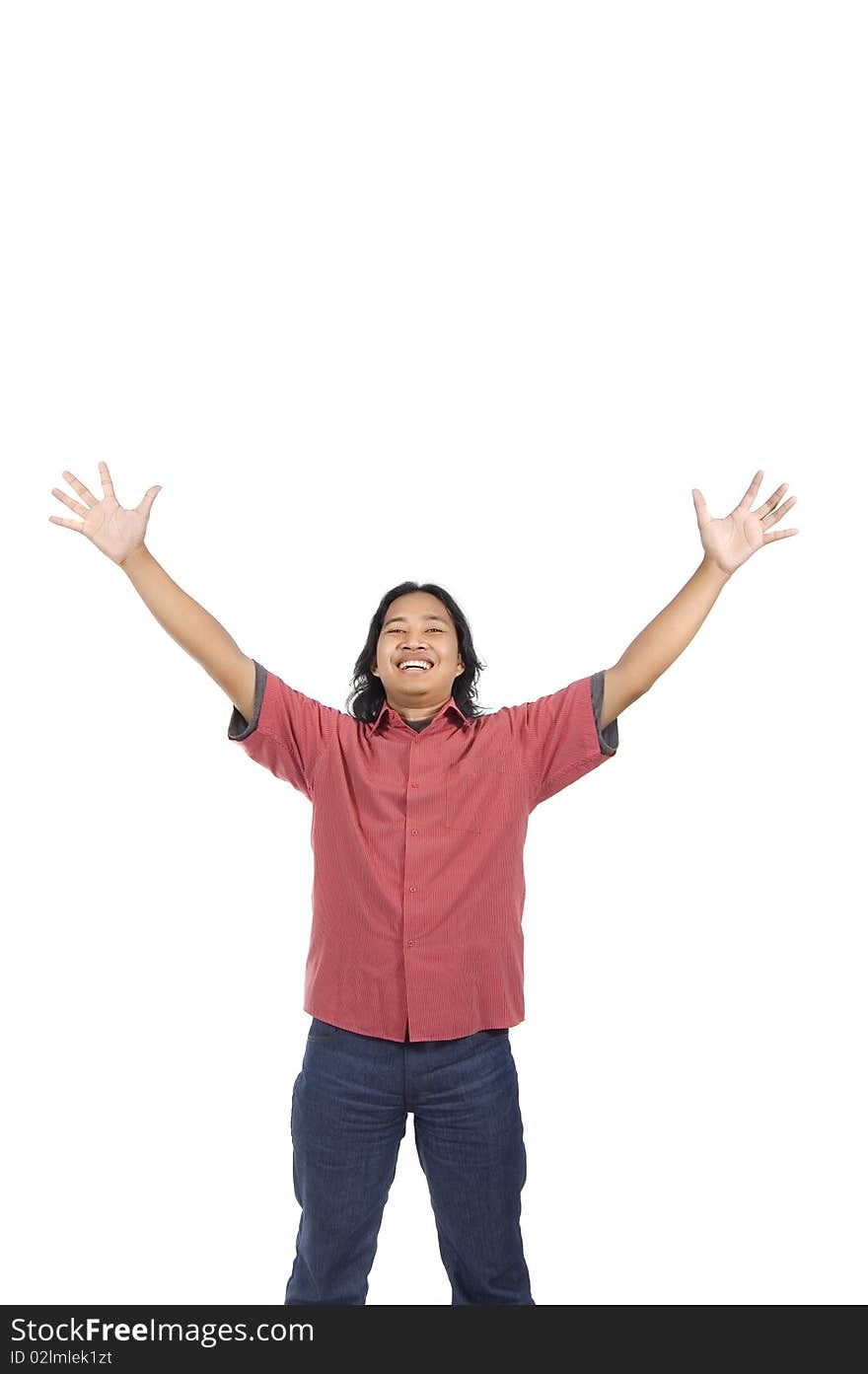 Long hair man feel great raised his hands isolated on white background. Long hair man feel great raised his hands isolated on white background