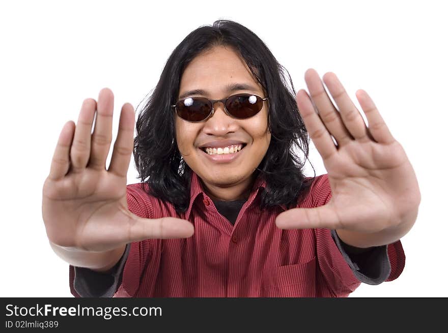 Long hair man with sunglasses framing his face isolated on white background. Long hair man with sunglasses framing his face isolated on white background