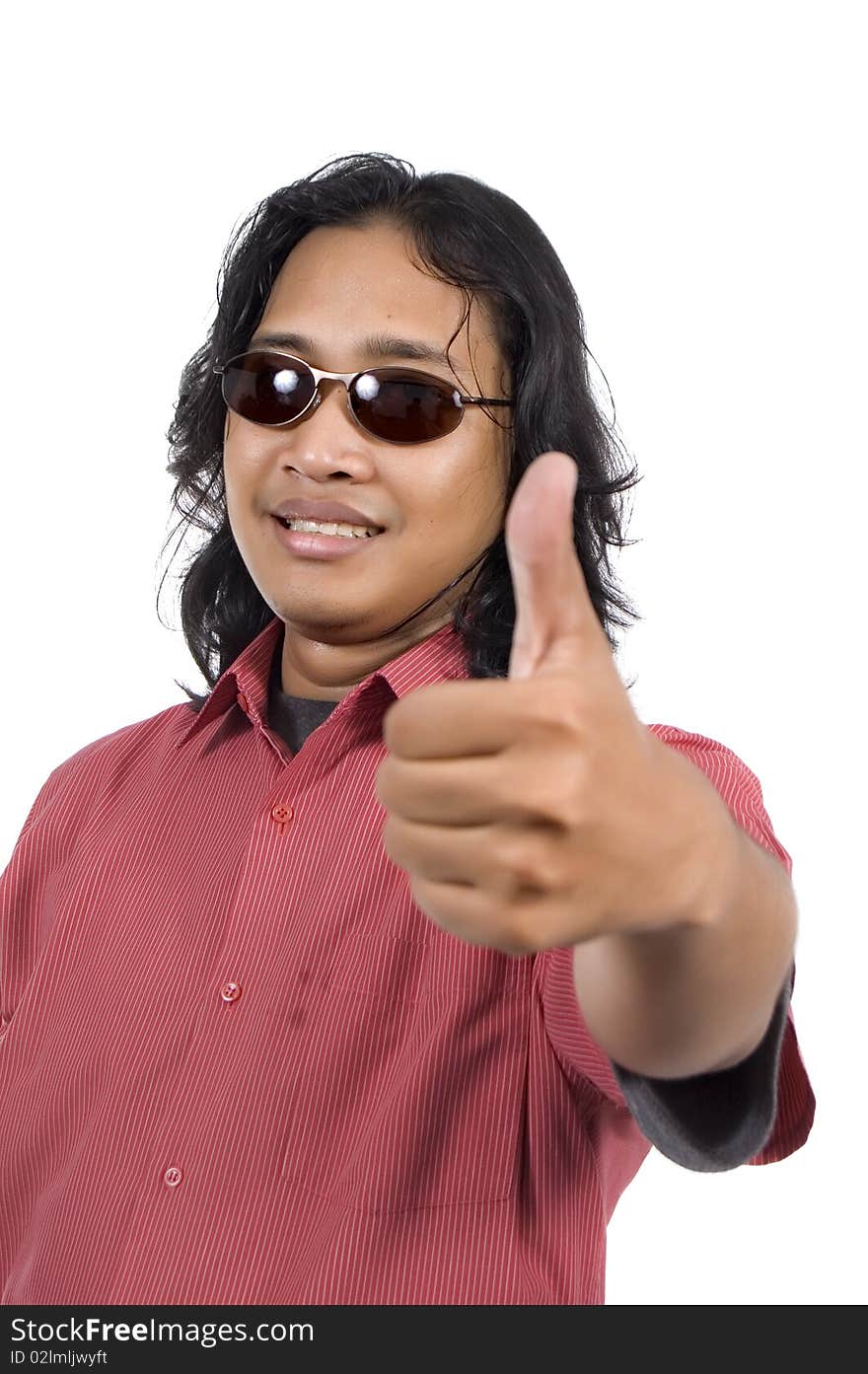 Long hair man with sunglasses give thumb isolated on white background